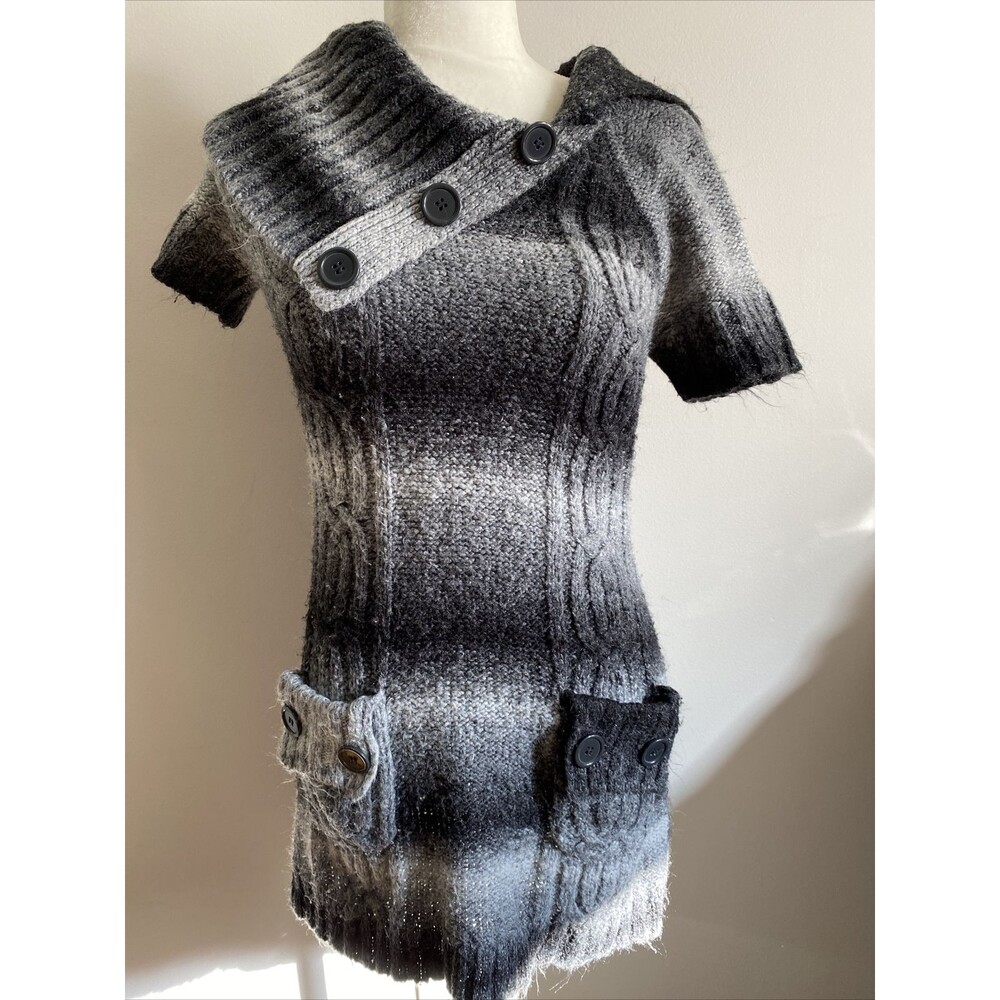 Women Sweater Top S M Chunky Mini Dress Black Gray Fall Winter Pockets Cowl